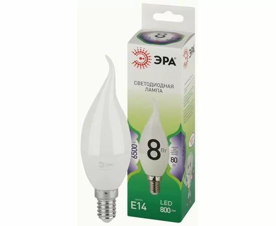 938847 - ЭРА GREEN LINE лампа св/д свеча на ветру E14 BXS 8W(800lm) 6500K 6K E14 BXS-8W GL 38x150 67138 (1)
