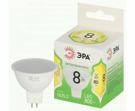 938869 - ЭРА GREEN LINE лампа св/д MR16 GU5.3 8W(800lm) 3000K 2K софит MR16-8W-830-GU5.3 51x85 67082 (1)