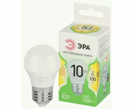 938873 - ЭРА GREEN LINE лампа св/д шар P45 E27 10W(1000lm) 3000K 2K P45-10W-830-E27 45x105 66977 (1)