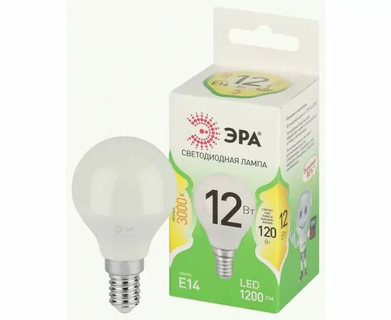 938878 - ЭРА GREEN LINE лампа св/д шар P45 E14 12W(1200lm) 3000K 2K P45-12W-830-E14 46x105 67042 (1)