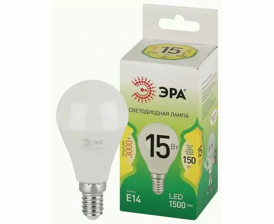 938884 - ЭРА GREEN LINE лампа св/д шар P45 E14 15W(1500lm) 3000K 2K P45-15W-830-E14 46x115 66982 (1)