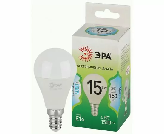938886 - ЭРА GREEN LINE лампа св/д шар P45 E14 15W(1500lm) 4000K 4K P45-15W-840-E14 46x115 67045 (1)