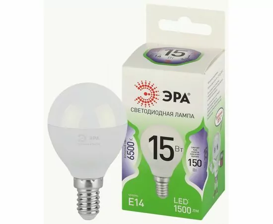 938888 - ЭРА GREEN LINE лампа св/д шар P45 E14 15W(1500lm) 6500K 6K P45-15W-865-E14 46x115 67054 (1)