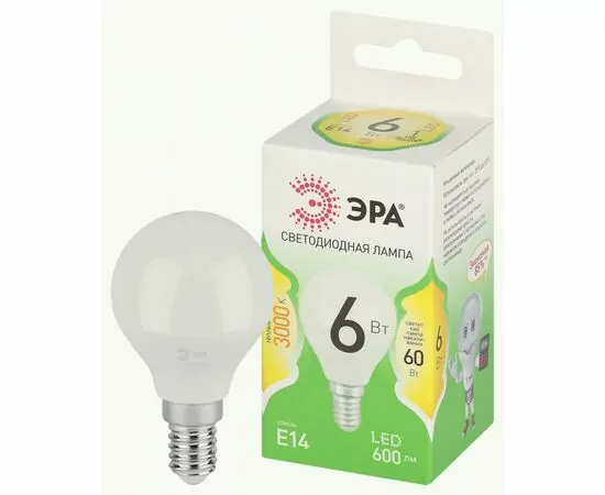 938890 - ЭРА GREEN LINE лампа св/д шар P45 E14 6W(600lm) 3000K 2K P45-6W-830-E14 46x106 67056 (1)