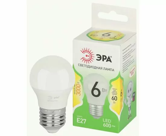 938891 - ЭРА GREEN LINE лампа св/д шар P45 E27 6W(600lm) 3000K 2K P45-6W-830-E27 46x105 67053 (1)