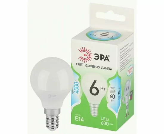 938892 - ЭРА GREEN LINE лампа св/д шар P45 E14 6W(600lm) 4000K 4K P45-6W-840-E14 46x106 67028 (1)