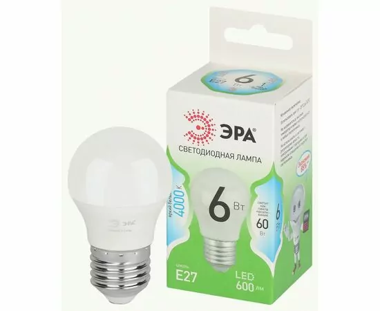938893 - ЭРА GREEN LINE лампа св/д шар P45 E27 6W(600lm) 4000K 4K P45-6W-840-E27 46x106 67067 (1)