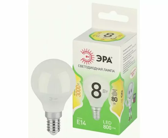 938896 - ЭРА GREEN LINE лампа св/д шар P45 E14 8W(800lm) 3000K 2K P45-8W-830-E14 46x106 67007 (1)