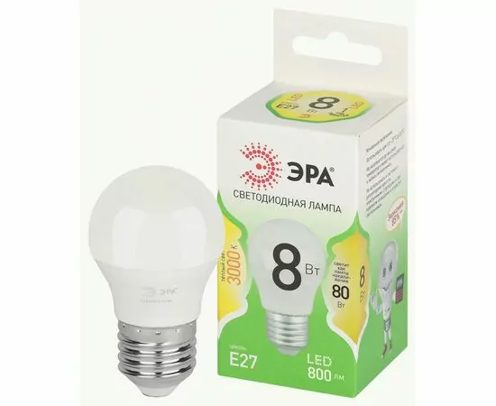 938897 - ЭРА GREEN LINE лампа св/д шар P45 E27 8W(800lm) 3000K 2K P45-8W-830-E27 46x110 67023 (1)