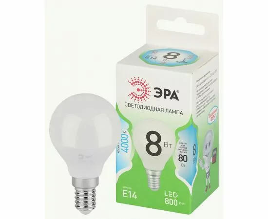 938898 - ЭРА GREEN LINE лампа св/д шар P45 E14 8W(800lm) 4000K 4K P45-8W-840-E14 46x110 67063 (1)