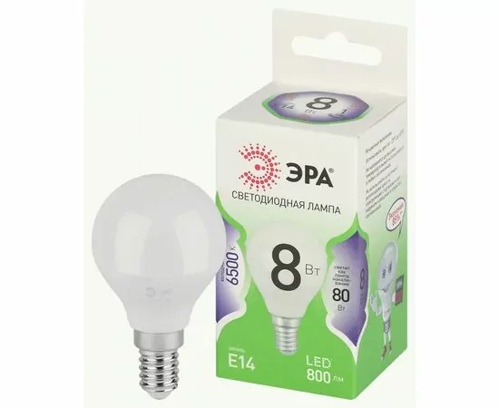 938900 - ЭРА GREEN LINE лампа св/д шар P45 E14 8W(800lm) 6500K 6K P45-8W-865-E14 46x110 67060 (1)