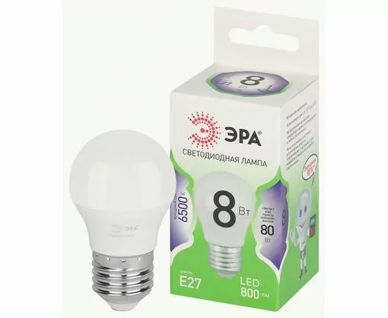 938901 - ЭРА GREEN LINE лампа св/д шар P45 E27 8W(800lm) 6500K 6K P45-8W-865-E27 46x110 67022 (1)