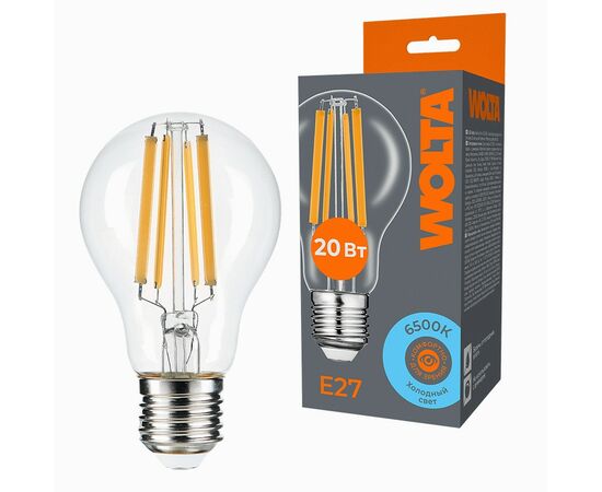 938295 - Wolta лампа св/д FILAMENT ЛОН А60 E27 20W(1800lm) 6K филамент(нитев) прозр 105х60 WF-A60-20W6KE27 (1)