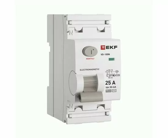 942407 - EKF PROxima выкл. дифференциальный (УЗО) ВД-100N 2P 25А 30мА, тип AC, 6кА, эл.мех E1026M2530 (1)