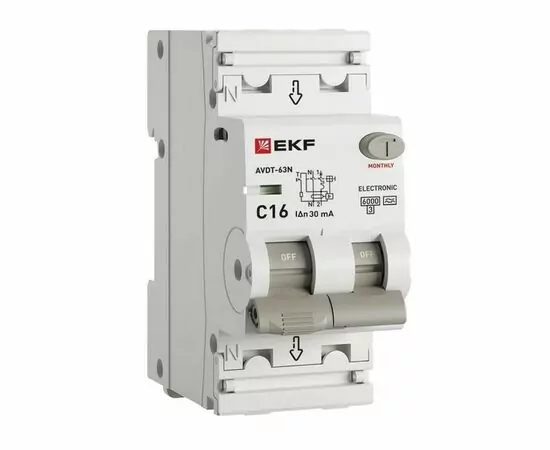 946524 - EKF PROxima дифф. автоматический выкл. АВДТ-63N 1P+N C16А 30мА тип A, 6кА, электрон. D63N26EA16C30 (1)