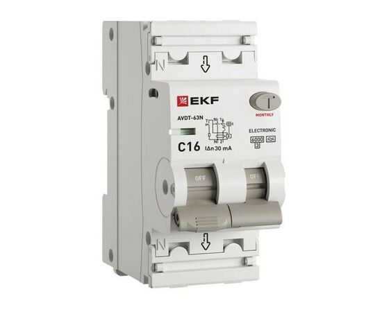 946524 - EKF PROxima дифф. автоматический выкл. АВДТ-63N 1P+N C16А 30мА тип A, 6кА, электрон. D63N26EA16C30 (1)