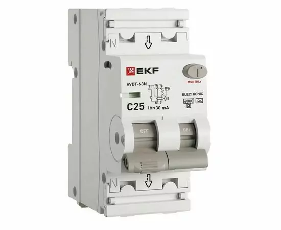 946527 - EKF PROxima дифф. автоматический выкл. АВДТ-63N 1P+N C25А 30мА, тип A, 6кА, электрон. D63N26EA25C30 (1)