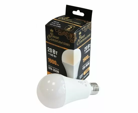 866981 - ВАШЕ СИЯТЕЛЬСТВО лампа св/д ЛОН A70 E27 20W(1900lm) 2700K 2K 140x70 матов, пласт/алюм. IC-драйвер 2г (1)