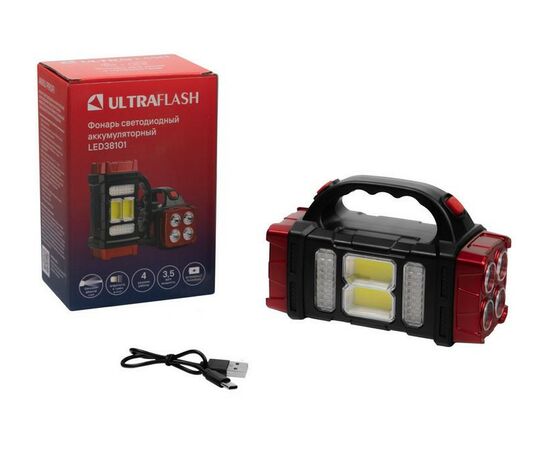 950263 - Ultraflash фонарь универс. LED38101 акк.3.6V 40LED+4 желтLED+2COB, 4реж, Type-C+солн.пан черн/малин (1)
