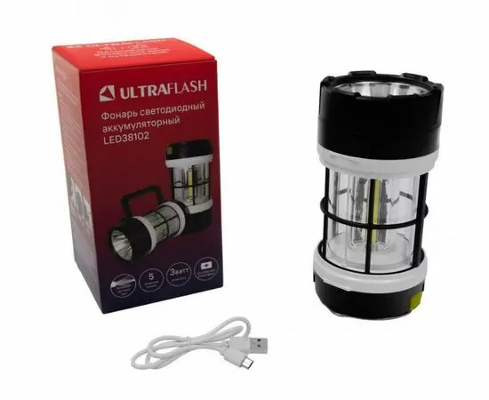 950264 - Ultraflash фонарь кемпинговый LED38102 акк.18650 3.7V LED+3COB, 5реж, Micro-USB, черн/бел (1)
