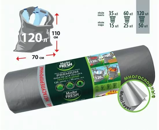 958830 - Мешки для мусора 120л/10шт,60мкм,ПВД+ПНД,завязки,многосл,СЕРЕБРО,С0006277/ Master FRESH (1)