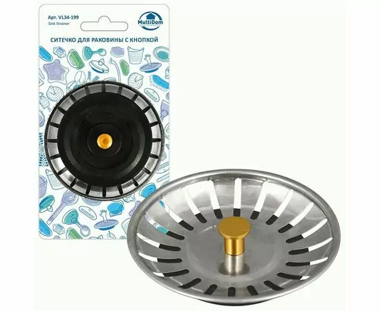 953884 - Ситечко д/раковины с кнопкой d=7,5см (кратность 6шт!!!), нерж сталь, пластик VL34-199 Мультидом (1)
