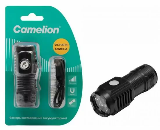965966 - Camelion фонарь ручной LED29358 (акк.3.7V) 3W(130lm) до 300м 6K 5реж. USB пластик магнит/клипса, BL (1)