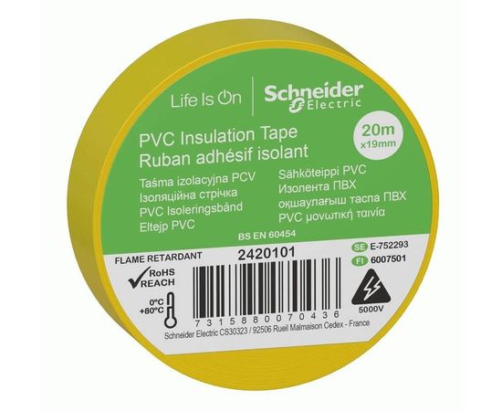 757763 - Schneider Electric Изолента ПВХ 19мм/20м желтая 130мкм 2-х ст. этикет. (уп=8шт отгр кр1шт) IMT38201 (1)