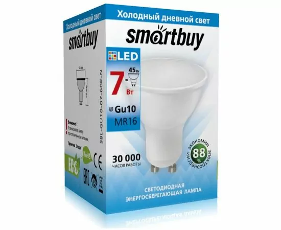 663686 - Smartbuy GU10 7W(450lm) 6000К 6K 57x50 пластик SBL-GU10-07-60K-N (1)