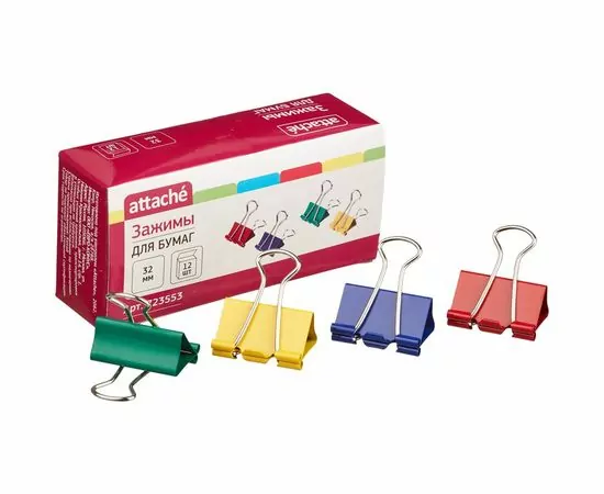 702398 - Зажим для бумаг Attache, 32 мм, 12 шт., цветные, в карт.коробке 723553 (1)