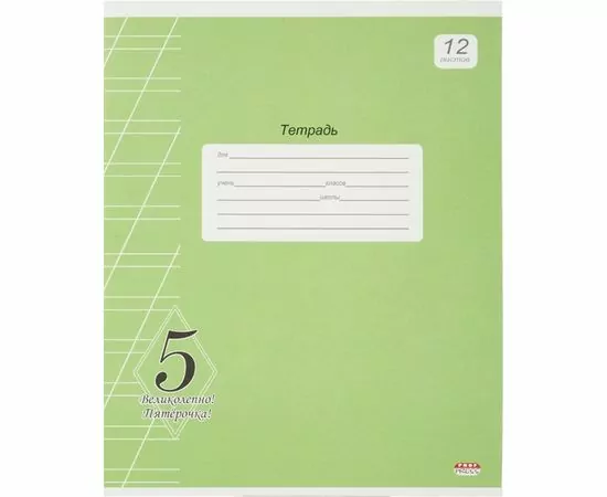 755734 - Тетрадь школьная А5,12л,косая линия ВЕЛИКОЛЕПНО! ПЯТЕРКА! ЗЕЛЕНАЯ 12-0509 992169 (1)