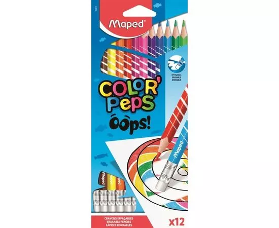 755864 - Карандаши цветные c ластиком Maped COLORPEPS OOPS,12цв, пластик, 832812 1167813 (1)