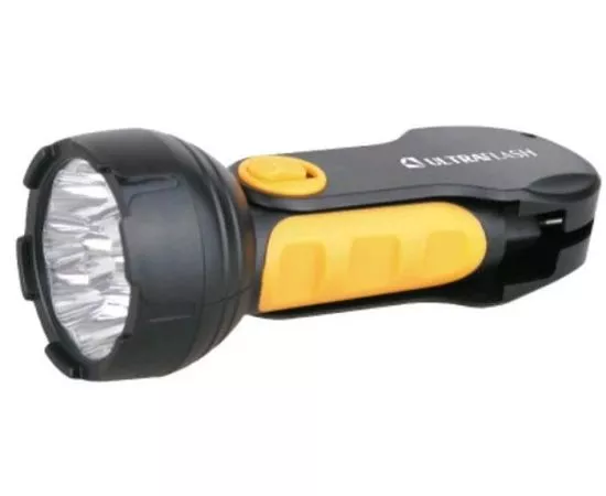 379646 - Ultraflash фонарь ручной LED3816 (акк. 4V 0.7Ah) 9св/д, черный+желт./пластик, вилка 220V (1)