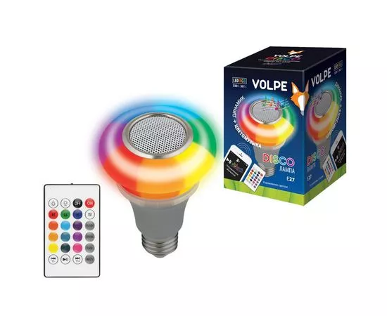 682651 - Лампа-диско E27 5W RGB Volpe Disco цветомузыка+динамик, пульт, Bluetooth ULI-Q340 5W/RGB/E27 SILVER (1)