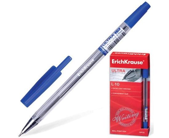 323817 - Ручка шариковая ERICH KRAUSE Ultra L-10, масл, корпус прозрачный, толщ. письма 0,6мм, 13873,синяя (1)