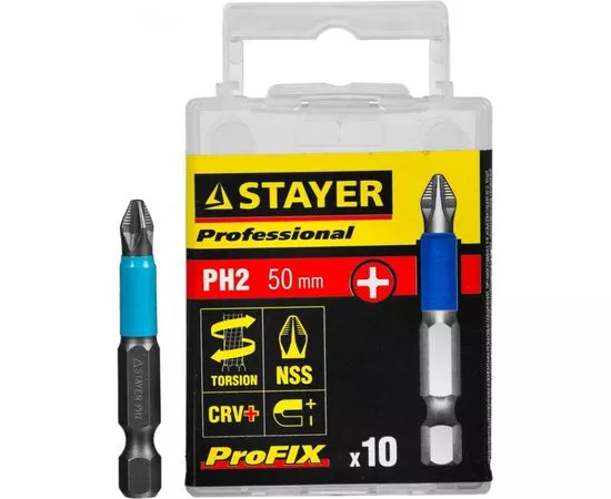 529028 - Биты STAYER PROFESSIONAL ProFix Phillips, тип хвостовика E 1/4, № 2, L=50мм, 10шт (1)