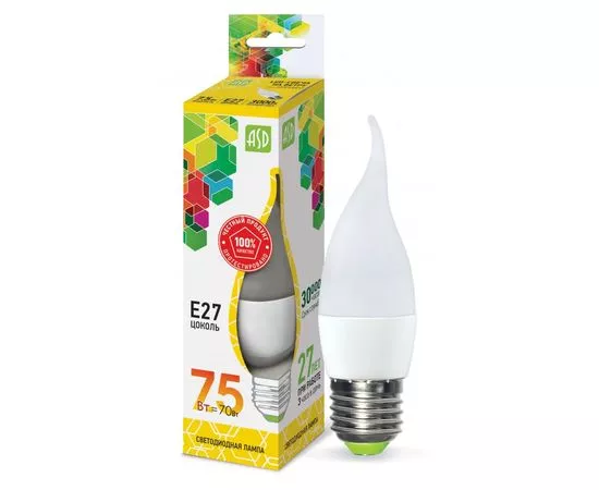 522439 - ASD standard лампа св/д Свеча на ветру C37 E27 7.5W(675lm) 3000К 2K (8W) 132x37 пластик/матов 4570 (1)