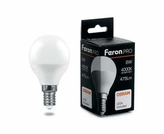 757908 - Feron.PRO шар G45 E14 6W(460lm) 2700K 2K матовый 81x48 OSRAM LED LB-1406 38065 (1)