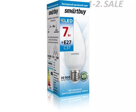 759122 - Smartbuy свеча C37 E27 12W (960 lm) 6000К 6K 37х105 матовая пластик SBL-C37-12-60K-E27 (1)