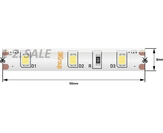 712594 - SWG Лента св/д стандарт 2835 60LED/m 4,8W/m 12V 200Lm/m (5м, цена за 1м) IP65 6000K-6500K 6K 1607 (1)